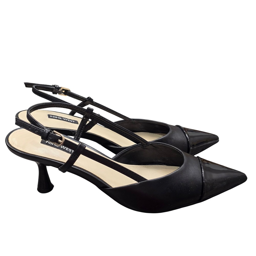 Nine West Black Patent Cap Toe Slingback Heels 8.5M Quiet Luxury Classic Preppy